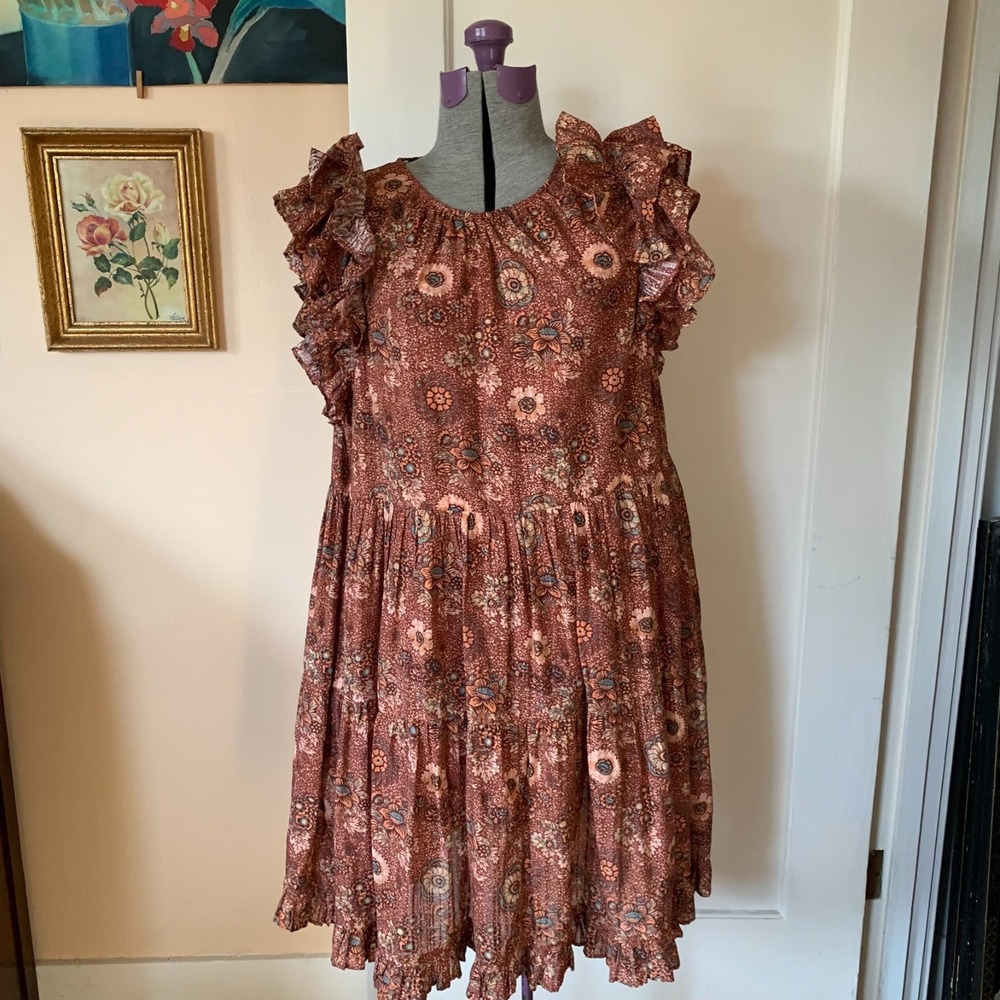 Ulla Johnson Adele Rosebud Ruffle Sleeve Floral Tier Mini Dress Rust Brown Boho